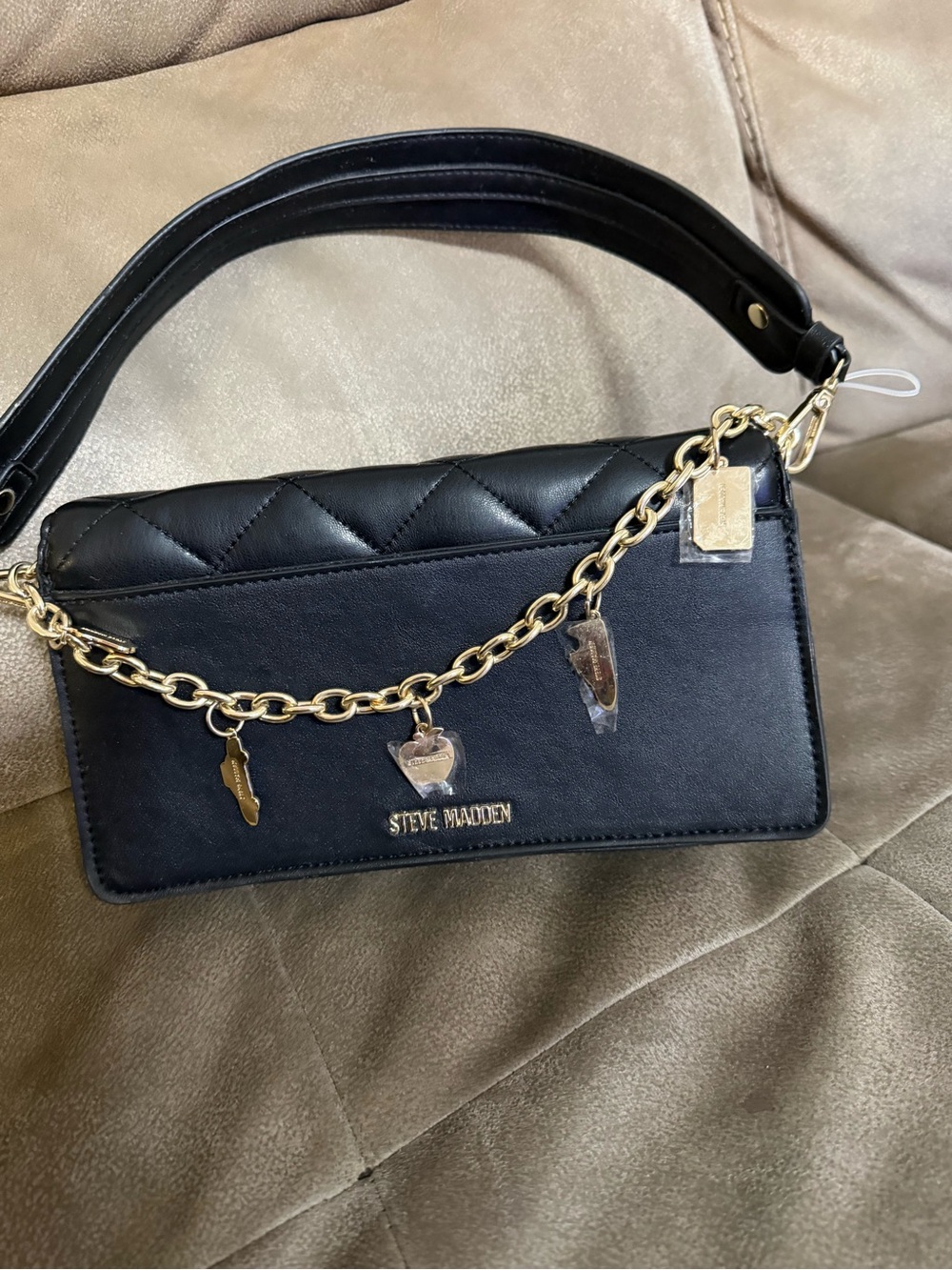 Steve Madden Black Quilted Chain Charm Shoulder Bag